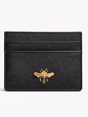 Black Saffiano Leather Bee Cardholder Slim Minimalist Wallet Luxury Credit Card